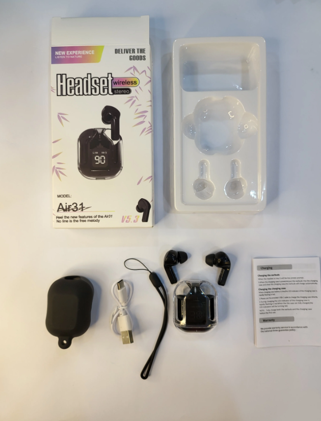 Air31 Wireless Earbuds 5.3 T-C Crystal Pro Case